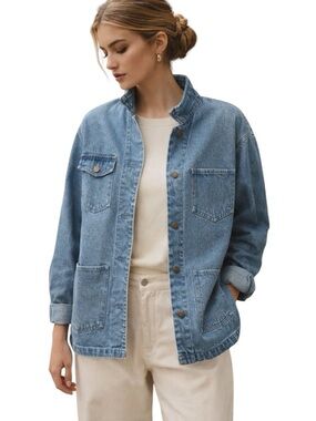 VTG Basic Editions Denim Utility Jacket Medium Blue Workwear Cotton Patch Pocket
